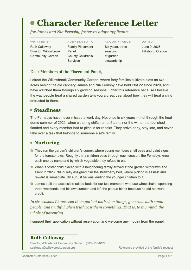 Botanical nature character reference letter